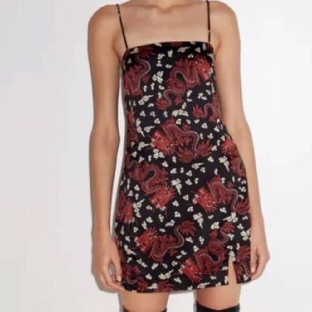 ZARA Slip Dress Sz XS Black Brick Red Dragon Print Back Zipper Mini Front Slit